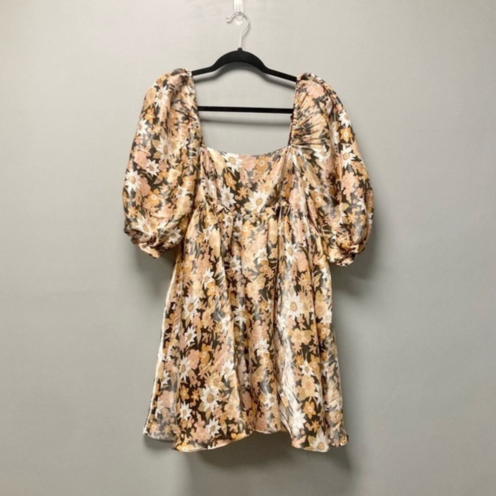 Storia Floral Puff‎ Sleeve Mini Dress Square Neck Metallic Gold Peach Small